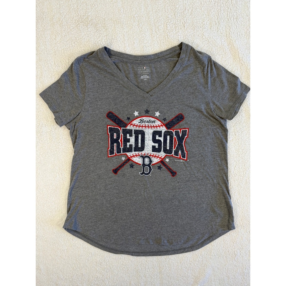 Boston Red Sox T-Shirt Womens Large Gray Good MLB V-Neck Graphic Tee